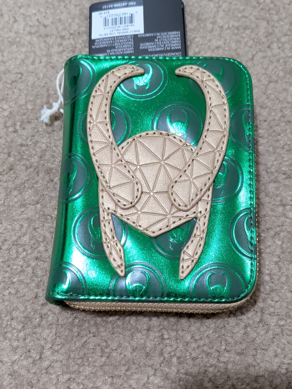 Loungefly Metallic Green Loki Zip Wallet with Gold Helmet Accent
